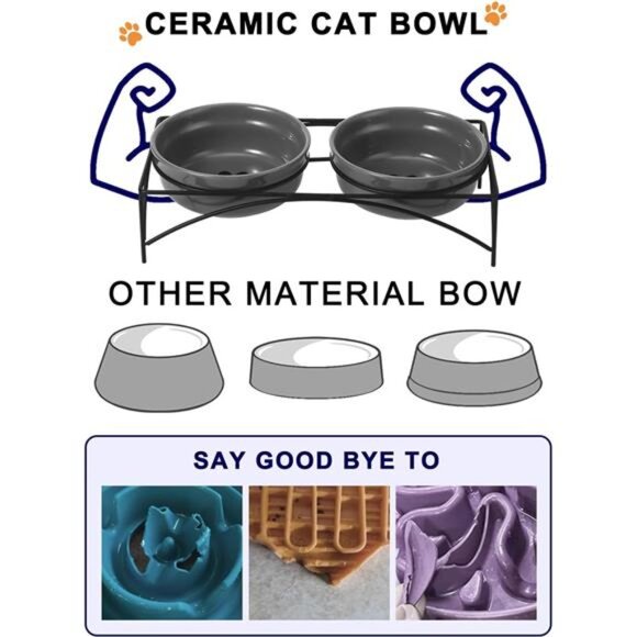 Dog&Cat Food Bowls,12OZ Ceramic Raised Pet Bowls for Food and Water, Two Dishes - Picture 3 of 7